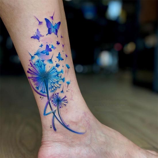 dandelion flower butterfly tattoo blue color lady ankle