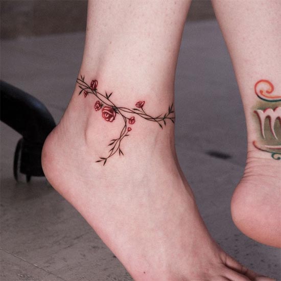 floral anklet tattoo design idea woman ankle