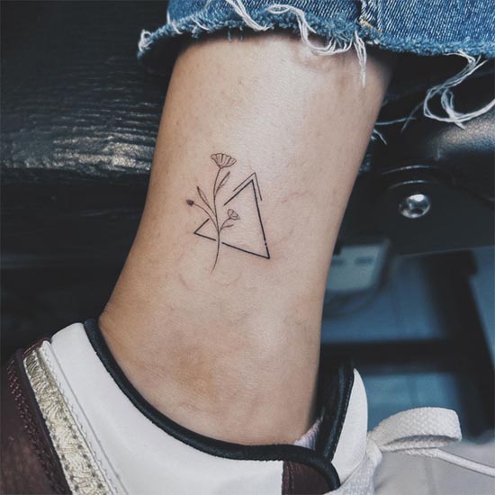 floral with triangle fine line cute easy tattoo design female ankle