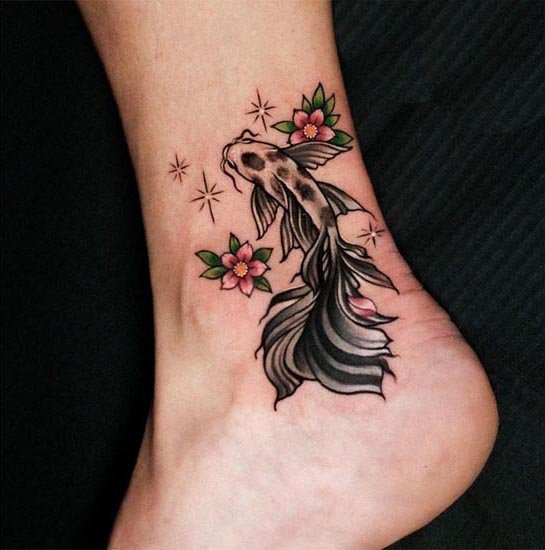 koi fish flowers tattoo design girl above ankle