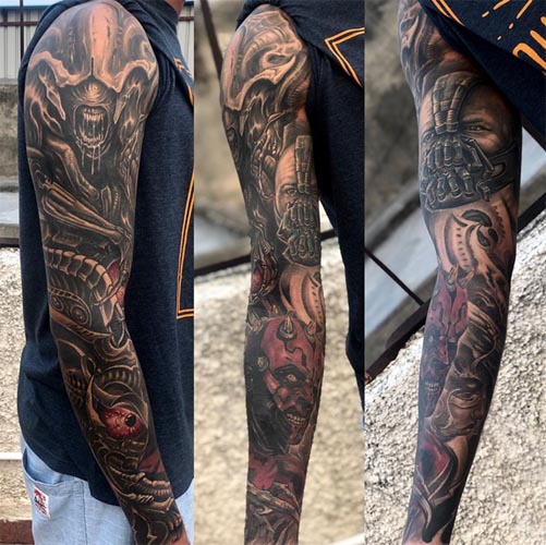 alien bane darth maul bioorganic tattoo man right full arm sleeve