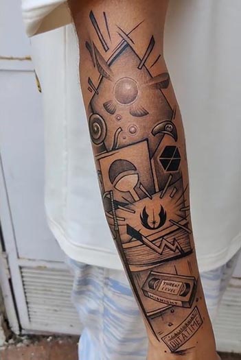 anime manga collage tattoo male right half arm sleeve black and grey