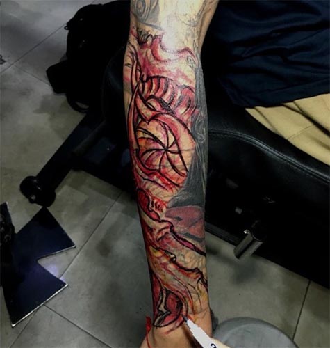 bioorganic freehand tattoo design man full arm sleeve color 1