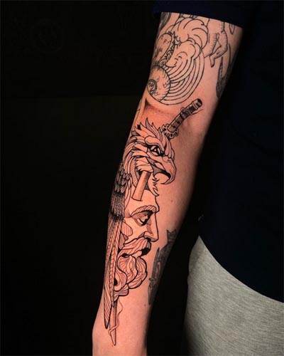 eagle sculpture sword tattoo linework man right half arm sleeve