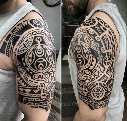 intricate samoan tattoo design male upper half arm sleeve