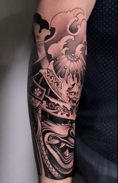 japanese hannya mask koi fish tattoo male right half arm sleeve 1