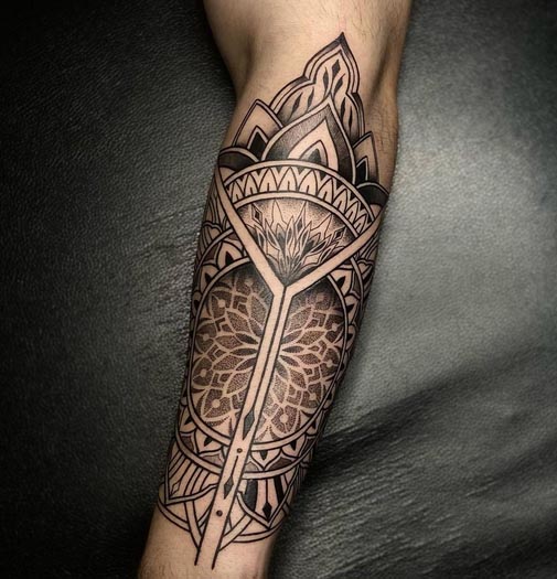 mandala tattoo black and grey male half arm sleeve