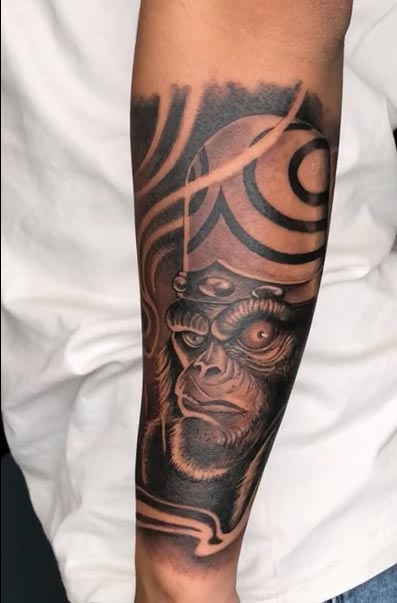 monkey mojo jojo tattoo design male left lower half arm sleeve 1