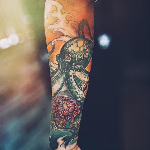 octopus chrysanthemum flower tattoo color half arm sleeve