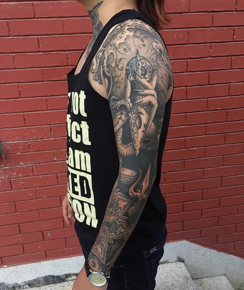 rock music inspired best tattoo design male full arm sleeve