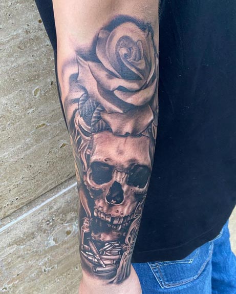 rose skull black and grey tattoo design male arm sleeve