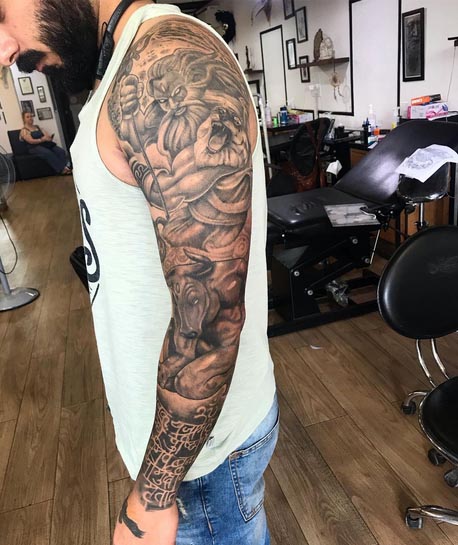 shiva nandi mantra tattoo idea man full arm sleeve 1