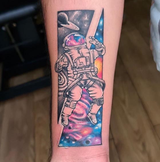 astronaut galaxy universe unique tattoo design color male arm forearm