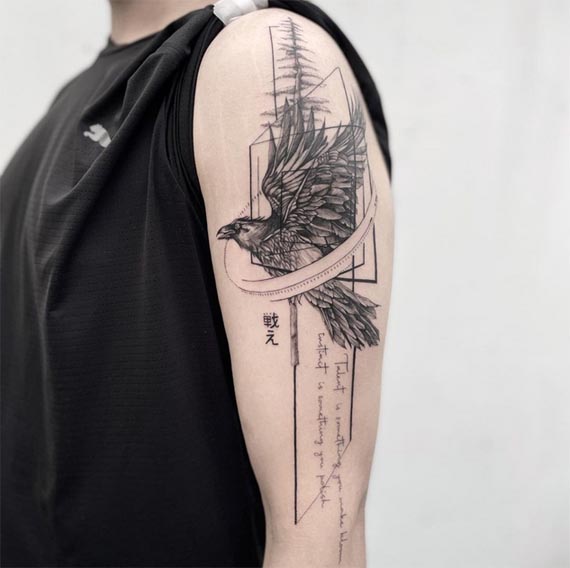 eagle quote geometric pattern tattoo fine line man upper arm bicep