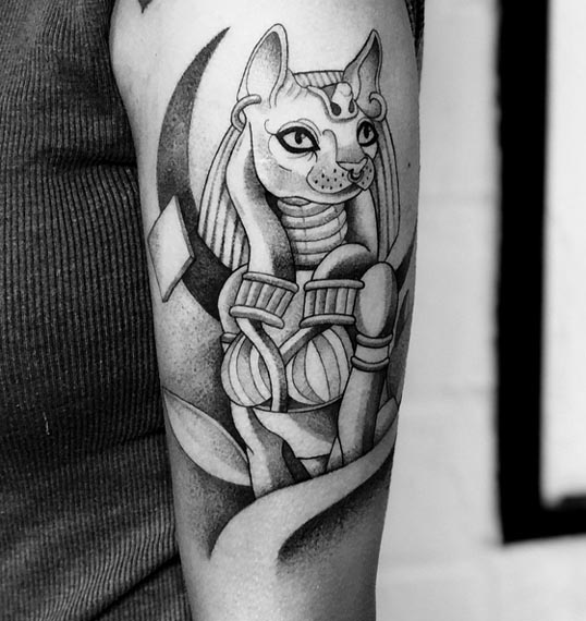 egyptian goddess bastet unique tattoo woman upper arm outer bicep