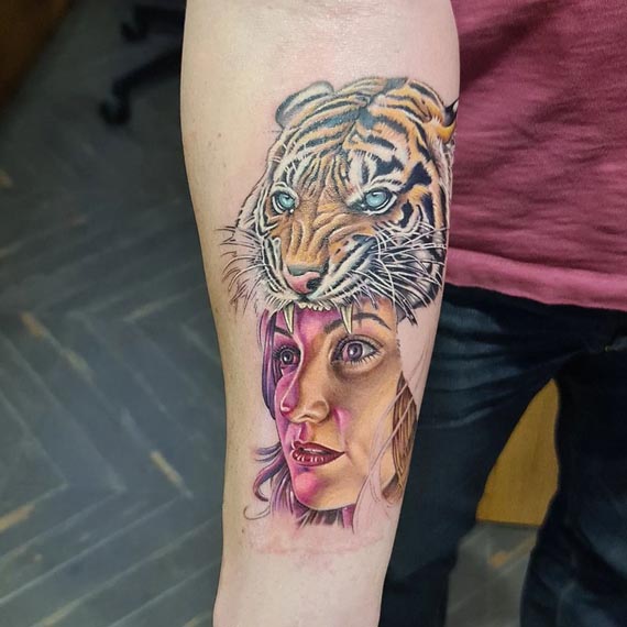 girl with tiger headdress elegant tattoo design realistic male inner arm forearm