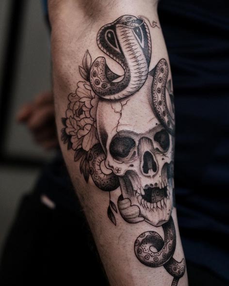 snake skull flowers tattoo design male lower arm forearm 2