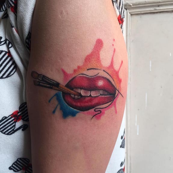 tattoo for makeup artist lipstick brush female arm outer bicep watercolor