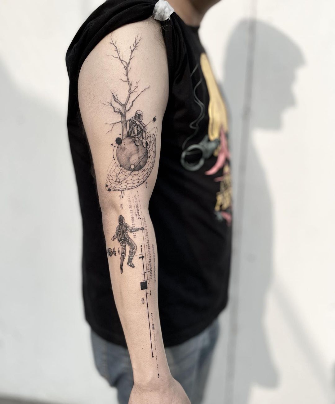 tree earth astronaut geometric fine line tattoo male full outer arm