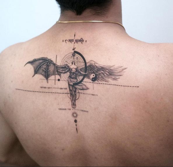 angel devil yin yang sun sanskrit words geometric pattern tattoo fineline male back