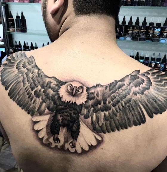 big eagle tattoo design black and grey male back