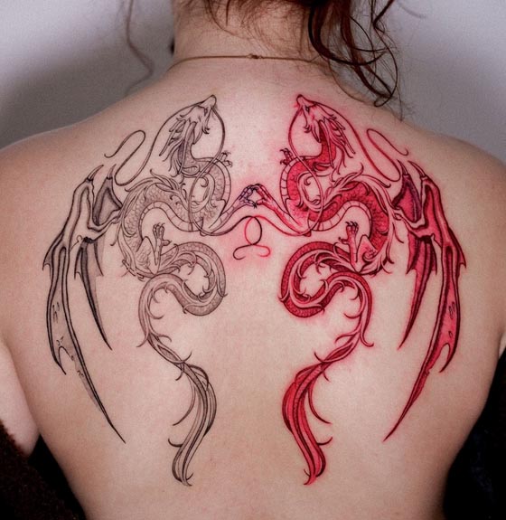 black and red dragon tattoo design woman back