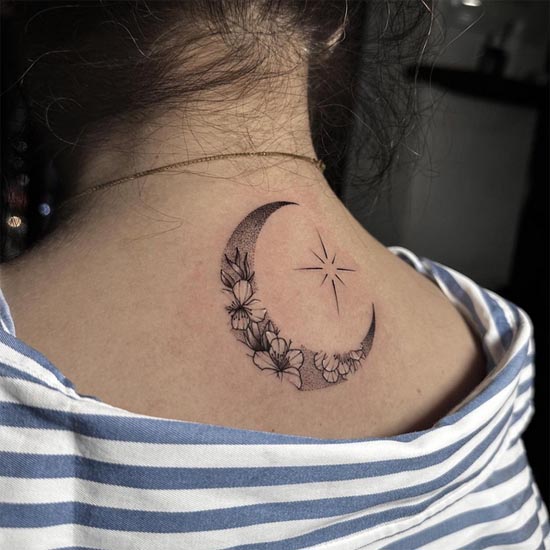 crescent moon cherry blossom flowers tattoo design female back