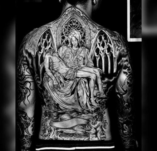 classy mother mary with jesus tattoo design man full back