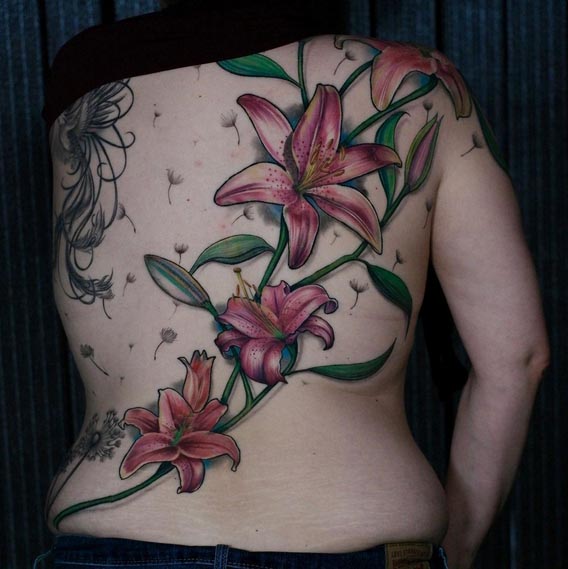 colored lilies with black dandelions female full back