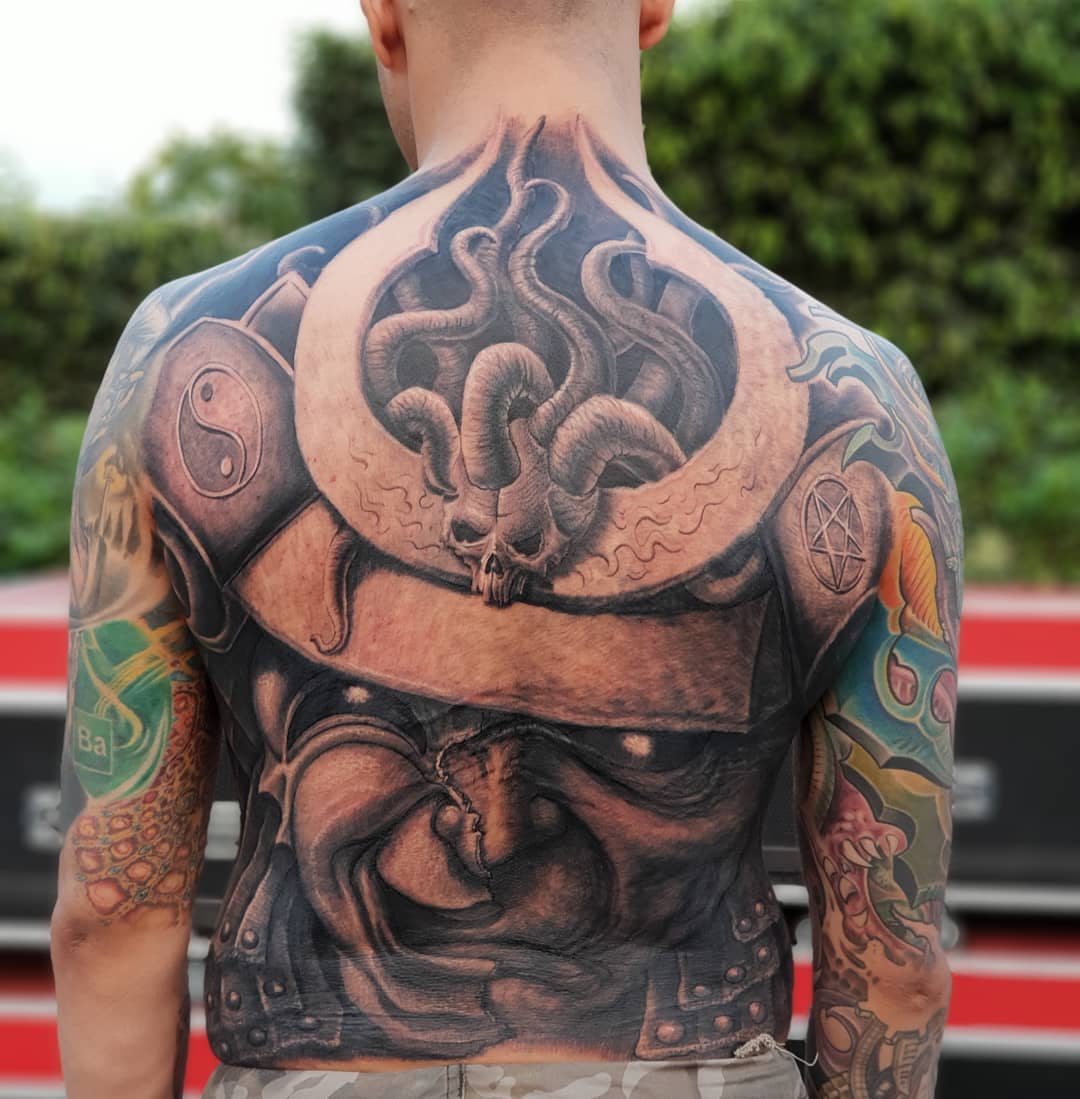 demon samurai mask skull octopus tentacles pentagram yin yang tattoo male full back