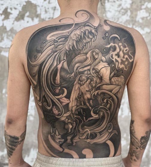 dragon skull life death tattoo design man full back