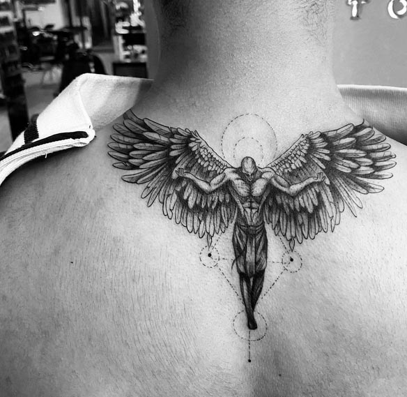 guardian angel tattoo design black and grey male back