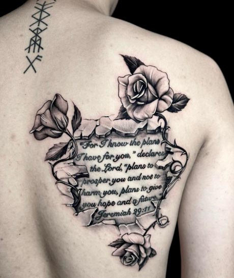 rose quote tattoo design man half back