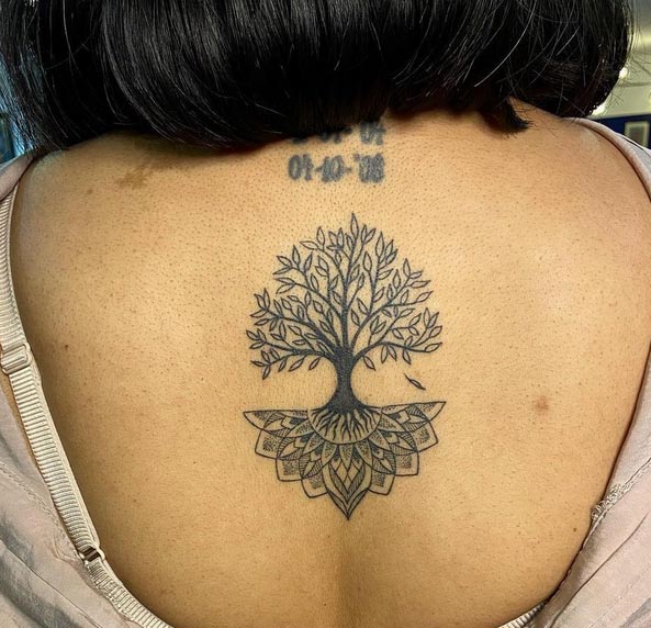 mandala tree tattoo design female back black and grey