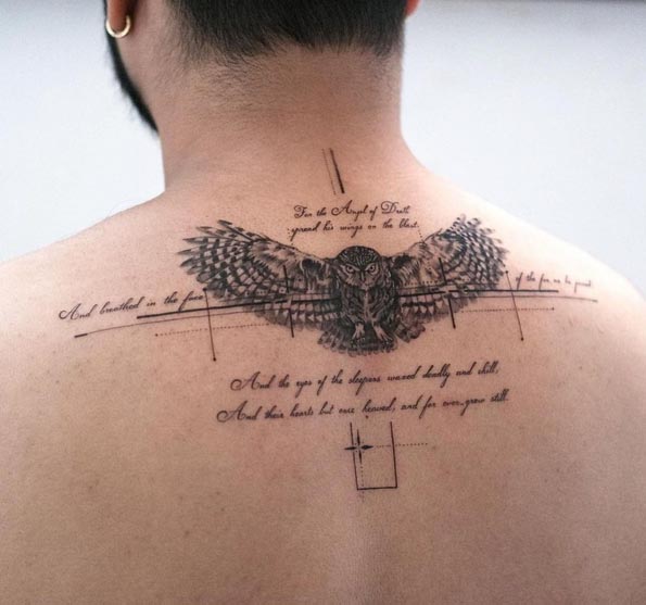 owl quote geometric pattern tattoo design fine line male back