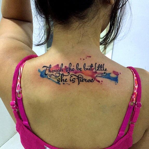 quote though she be but little she is fierce tattoo watercolor girl back