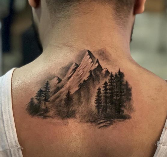 travel nature mountains trees realistic tattoo male back