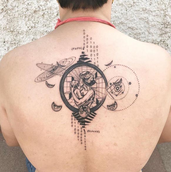 unique mother child geometric pattern fine line tattoo design male back