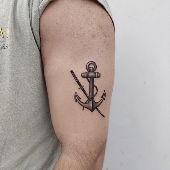 anchor katana sword small tattoo male outer bicep