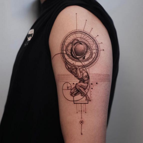 atlas holding the world tattoo geometric fine line man outer bicep