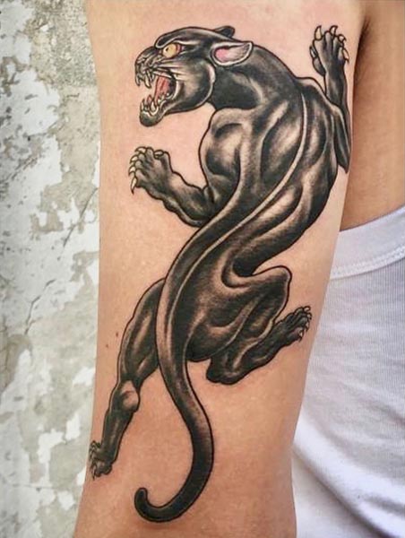 black panther tattoo design male bicep black and grey