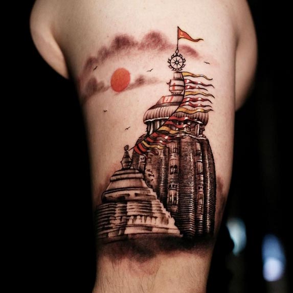 jagannath temple tattoo idea man outer bicep realistic