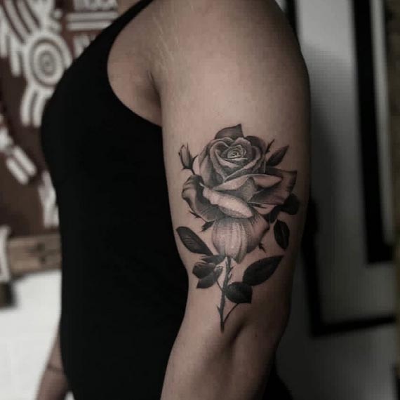 rose with leaves tattoo design guy lower bicep black and grey