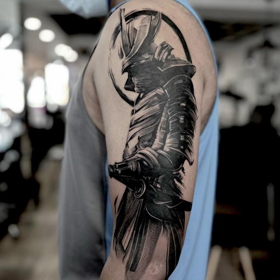 samurai warrior tattoo design male full bicep black and grey