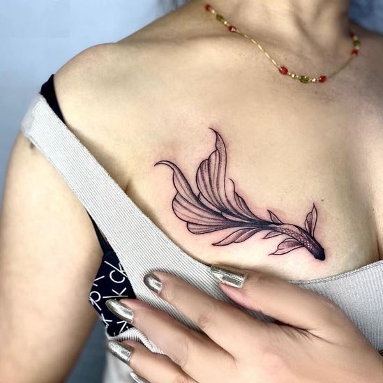 koi fish tattoo woman chest upper right breast whip shading