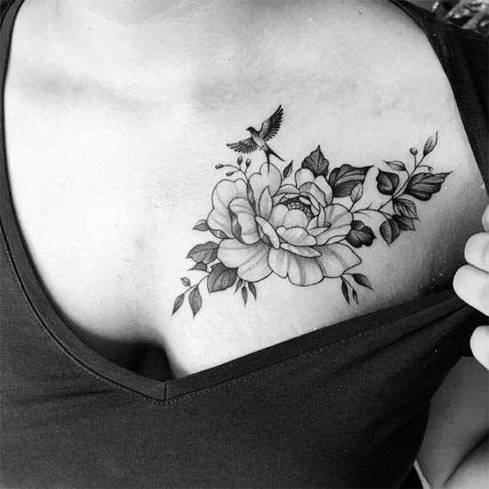 peony bird leaves best tattoo design lady above breast