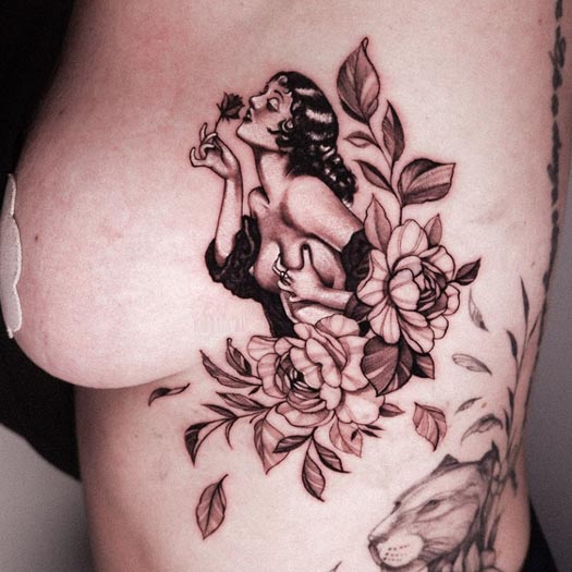 pinup girl peony best tattoo design female side left breast