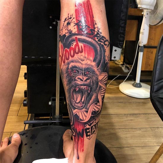 gorilla blood sweat trash polka unique tattoo man full calf