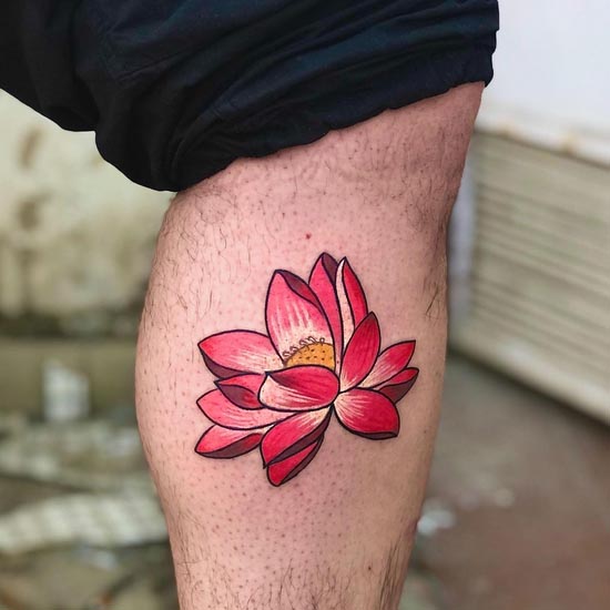 japanese lotus tattoo design red pink guy side calf new school