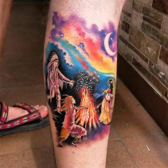 native american enjoying dancing around fire color tattoo unique man calf color